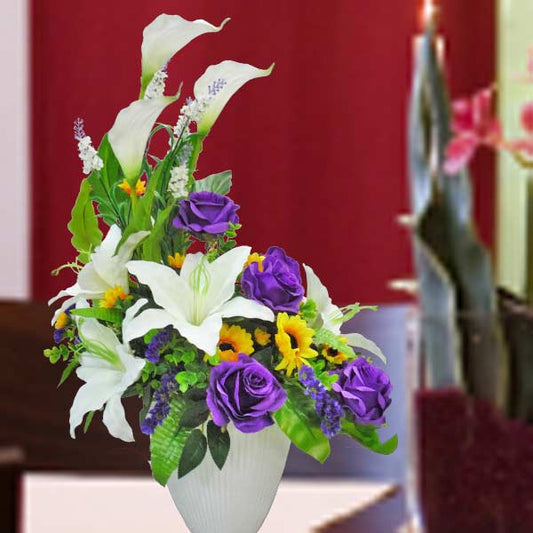 Artificial Purple Roses With White Lilies Table Arrangement