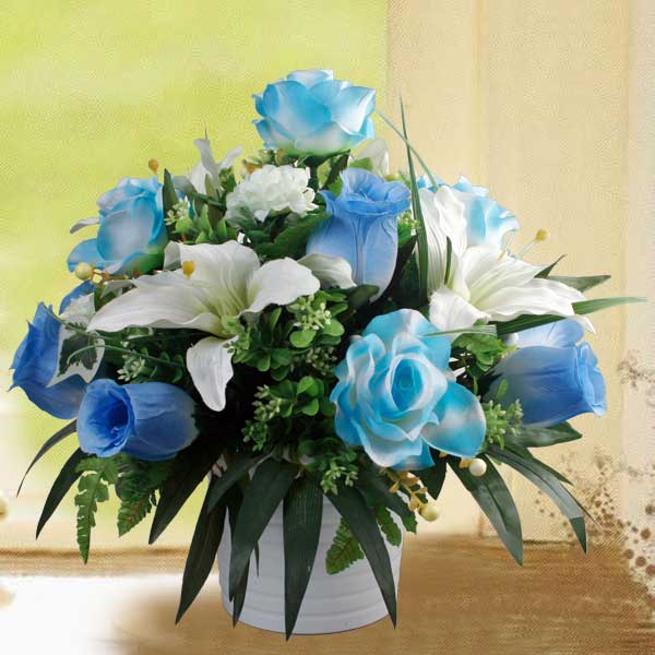 Artificial Blue Roses with White Lily All-Round Arrangement