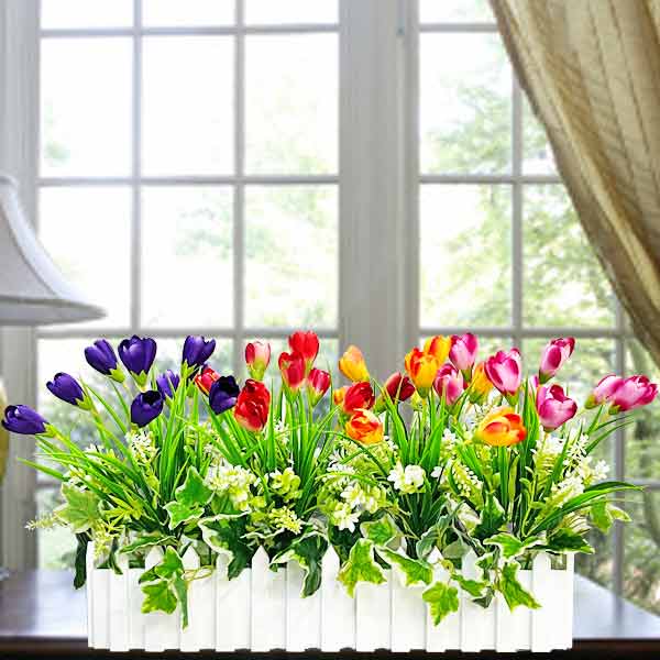 Artificial Tulip In Plastic Fence Planter Box Container