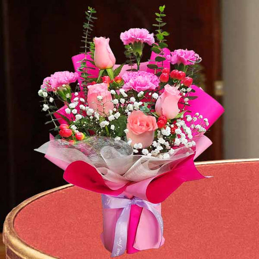 4 Pink Roses & 4 Carnations Standing Bouquet