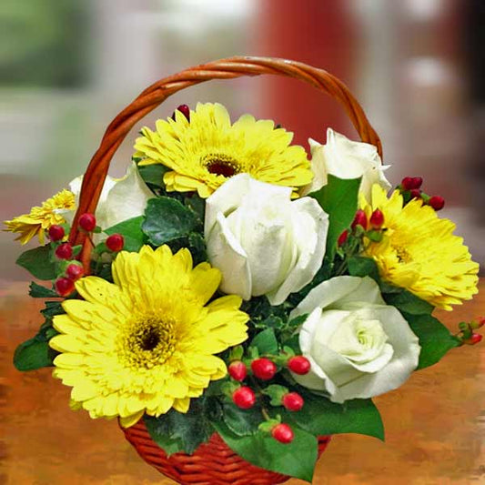 5 Yellow Gerbera & 4 White Roses In Small Basket