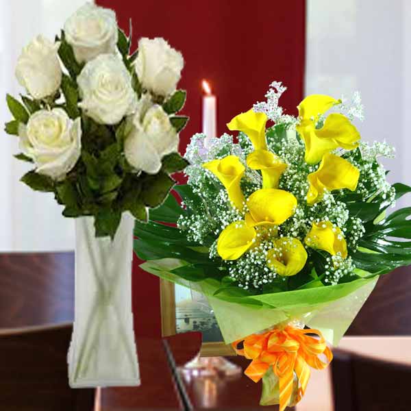 10 Calla Lily Yellow &amp; 8 White SUPER Roses with Babybreath in Glass Vase del