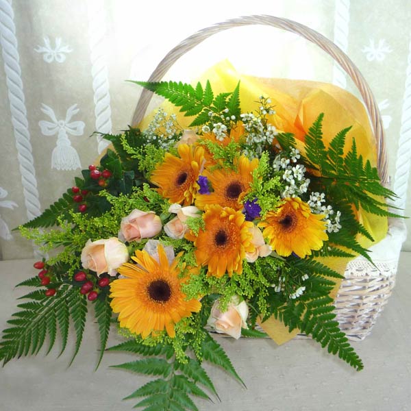 6 orange gerbera and 6 champagne roses handbouquet