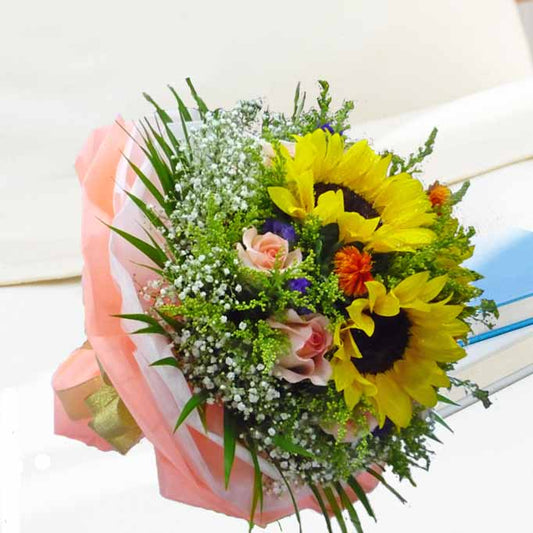 3 Sunflower & 10 Champagne Roses Hand Bouquet