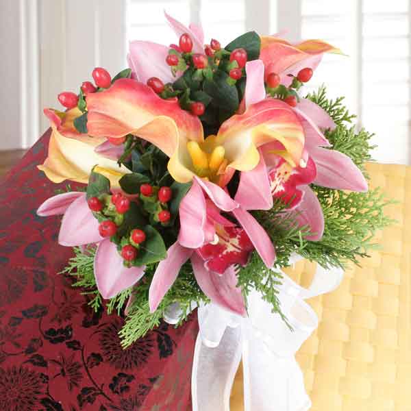 Cymbidium orchids &amp; Orange Calla Lilies Hand Bouquet