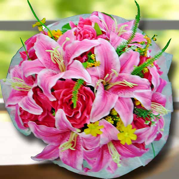 Artificial Pink Lilies &amp; Roses Hand Bouquet