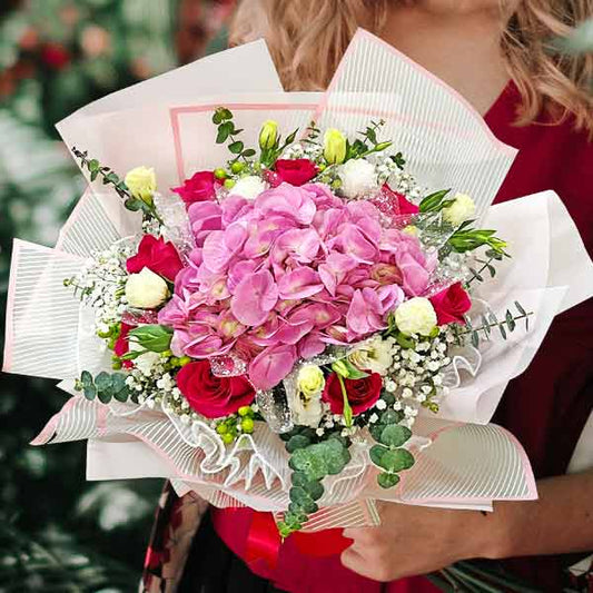 Hydrangeas Pink with Hot Pink Roses Hand Bouquet