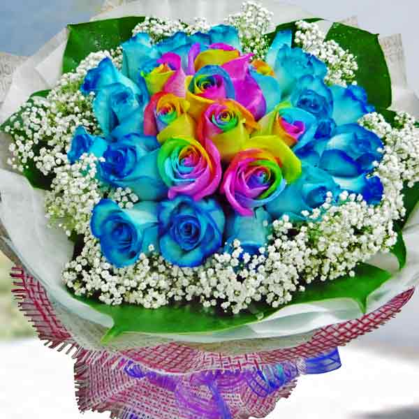 9 Rainbow Roses &amp; 20 Blue Roses Hand Bouquet