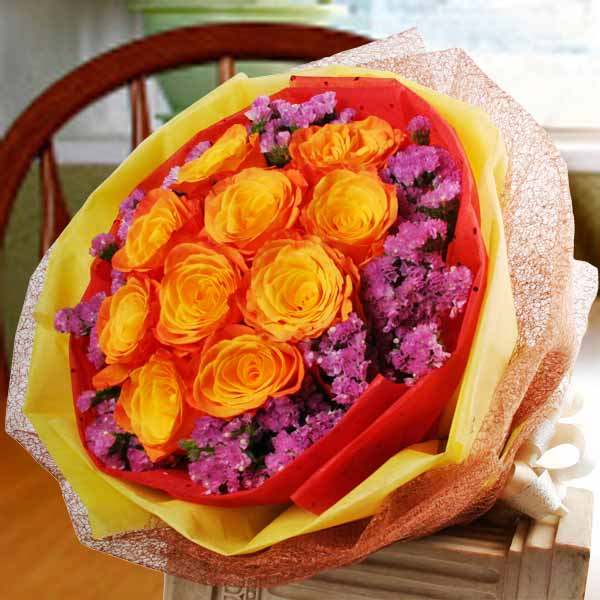 10 Mango Roses Hand Bouquet