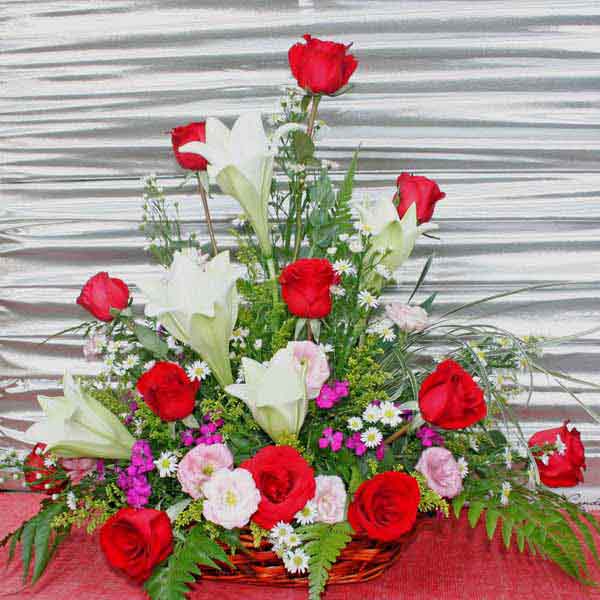 5 Lily with 12 Red Roses Table Arrangement