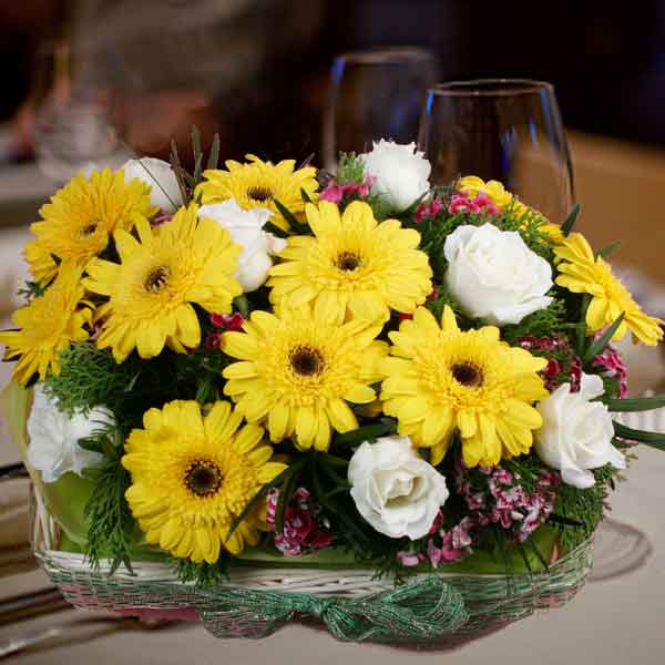 10 Yellow Gerbera &amp; 8 White Roses Basket Arrangement