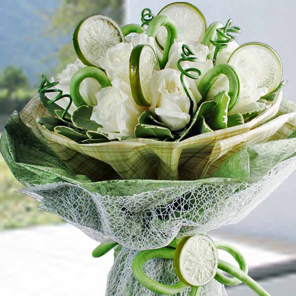 12 White Roses with Artificial Green Bean &amp; Lemon Slice Bouquet