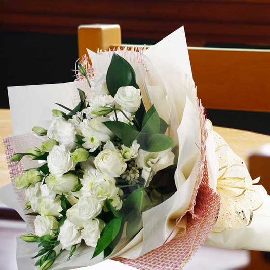 12 White Roses & White Chrysanthemum Hand Bouquet