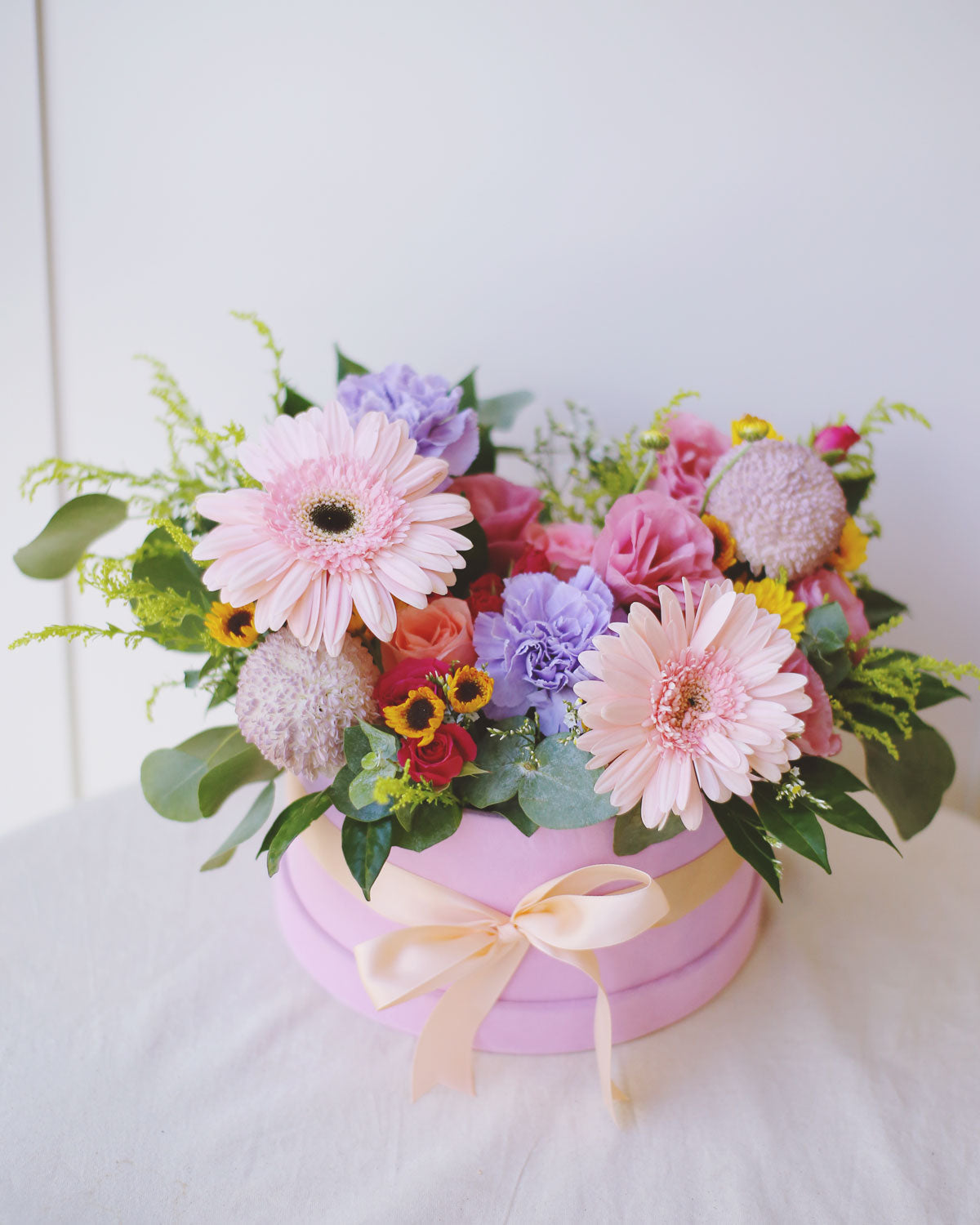 Pink And Purple Flowers In Pink Flower Box